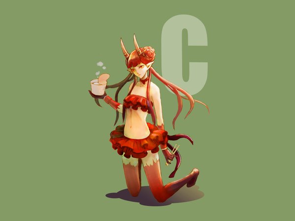 Anime picture 1600x1200 with c: the money of soul and possibility control mashu (c) single long hair simple background red eyes brown hair bare shoulders hair flower horn (horns) pointy ears shadow kneeling green background girl navel hair ornament chopsticks