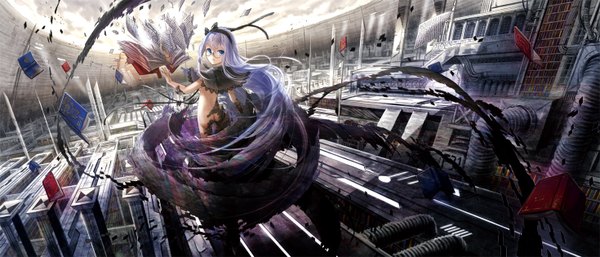 Anime picture 1470x630 with original fuzichoco single long hair blue eyes light erotic wide image silver hair ass looking back girl dress glasses hairband book (books)
