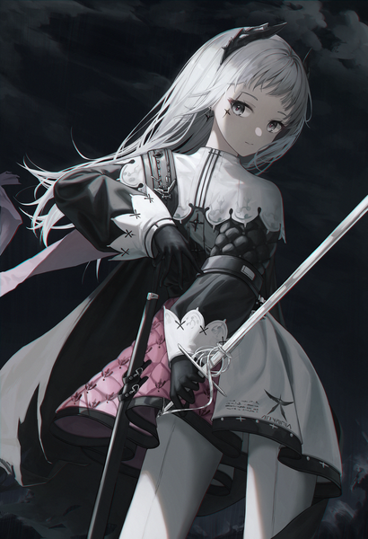 Anime picture 1400x2047 with arknights irene (arknights) flippy (cripine111) single long hair tall image looking at viewer silver hair horn (horns) grey eyes turning head girl dress gloves weapon earrings pantyhose sword black gloves white pantyhose