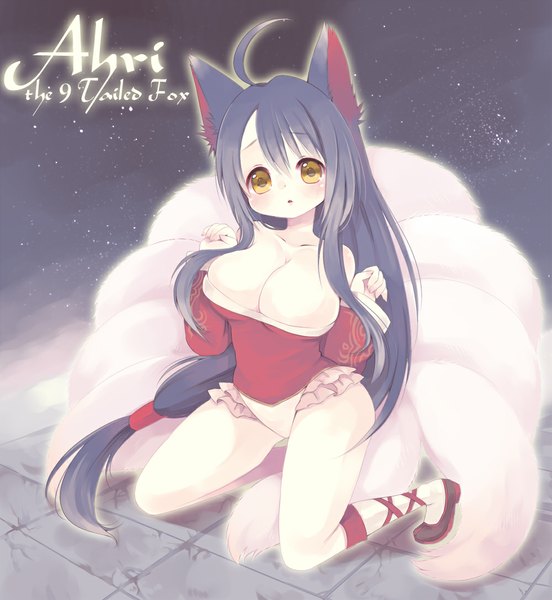 Anime picture 1000x1086 with league of legends ahri (league of legends) tunako single long hair tall image looking at viewer blush breasts light erotic black hair large breasts sitting bare shoulders animal ears yellow eyes fox tail multiple tails girl underwear