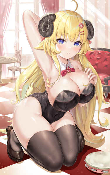 Anime-Bild 3350x5342 mit virtual youtuber hololive tsunomaki watame roina single long hair tall image looking at viewer blush fringe highres breasts light erotic blonde hair smile large breasts purple eyes animal ears payot absurdres