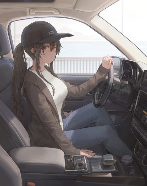Anime picture 2967x3750 with original free style (yohan1754) single long hair tall image looking at viewer blush fringe highres breasts black hair hair between eyes sitting brown eyes payot bent knee (knees) ponytail long sleeves open clothes car interior