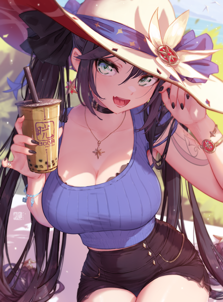 Anime picture 3102x4200 with genshin impact mona megistus mitsu (mitsu art) single long hair tall image looking at viewer blush fringe highres breasts open mouth light erotic black hair smile hair between eyes large breasts sitting holding signed