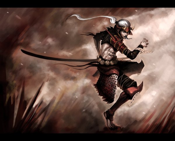 Anime picture 1600x1290 with original ninjatic single long hair white hair horn (horns) scar demon warrior samurai blank eyes boy weapon sword tongue armor katana