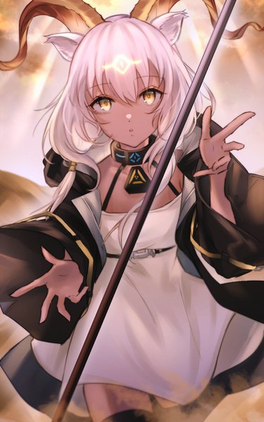 Anime picture 1000x1600 with arknights beeswax (arknights) haku wi single long hair tall image looking at viewer fringe hair between eyes twintails animal ears white hair horn (horns) low twintails dark skin girl dress white dress infection monitor (arknights)
