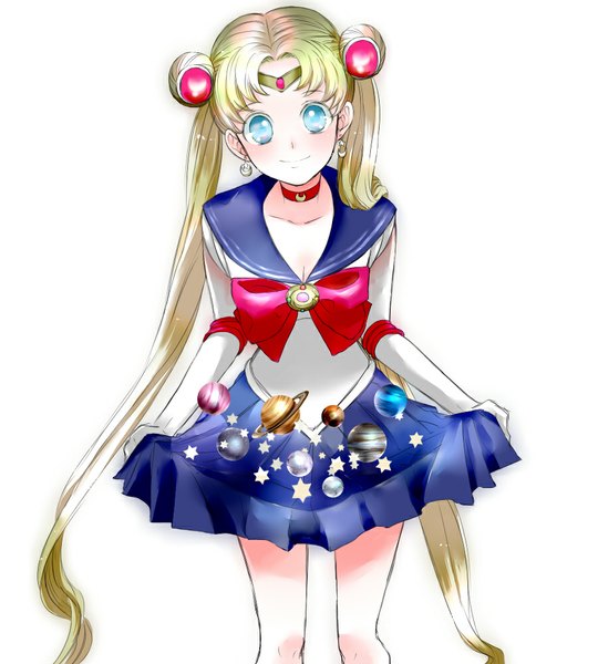 Anime picture 900x1000 with bishoujo senshi sailor moon toei animation sailor moon nontan (sino) single long hair tall image looking at viewer blush blue eyes simple background blonde hair smile standing white background twintails very long hair pleated skirt aqua eyes hair bun (hair buns)