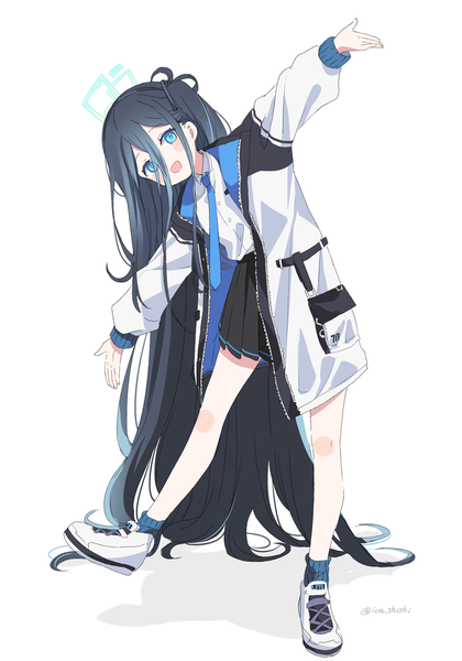 Anime picture 800x1143 with blue archive aris (blue archive) ica single tall image fringe blue eyes black hair simple background hair between eyes white background signed full body very long hair pleated skirt open jacket bare legs leaning twitter username one side up