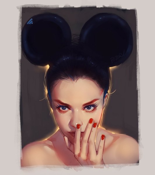 Anime picture 816x922 with superschool48 single tall image blue eyes black hair simple background signed animal ears nail polish fingernails lips realistic portrait fake animal ears eyeshadow red nail polish mouse ears girl