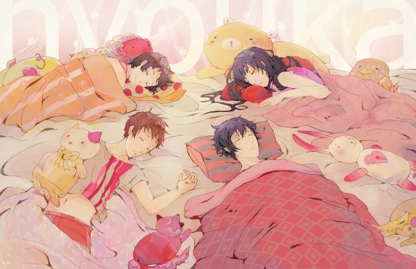 Anime picture 1275x825 with hyouka kyoto animation chitanda eru oreki houtarou ibara mayaka fukube satoshi tagme (artist) long hair fringe short hair black hair brown hair multiple girls lying eyes closed inscription multiple boys on back striped on stomach