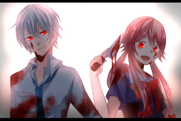 Anime picture 1200x800 with mirai nikki gasai yuno akise aru hanagerian long hair looking at viewer fringe short hair open mouth simple background smile red eyes pink hair silver hair girl boy hair ornament bow hair bow shirt