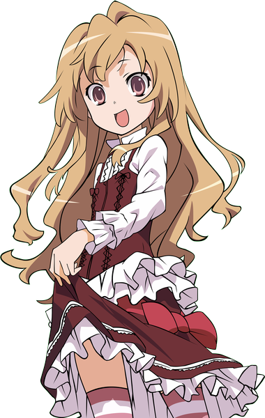 Anime picture 3557x5605 with toradora j.c. staff aisaka taiga tobuei single long hair tall image highres open mouth smile brown hair brown eyes absurdres transparent background vector girl thighhighs dress striped thighhighs