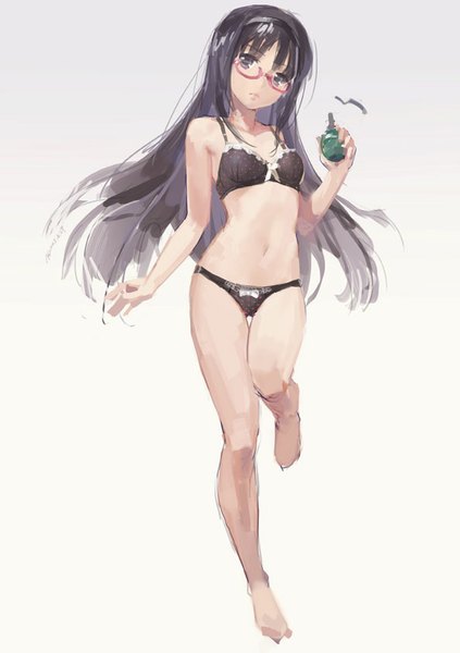 Anime picture 595x842 with mahou shoujo madoka magica shaft (studio) akemi homura hjl single tall image looking at viewer fringe light erotic black hair bare shoulders holding brown eyes bent knee (knees) head tilt wind bare belly bare legs no shoes underwear only