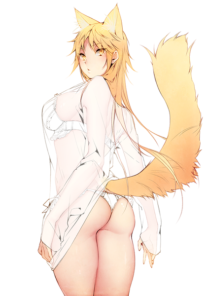 Anime picture 620x877 with world trigger toei animation izumi kouhei pepper fever single tall image looking at viewer blush fringe light erotic blonde hair simple background standing white background animal ears yellow eyes ass tail animal tail looking back