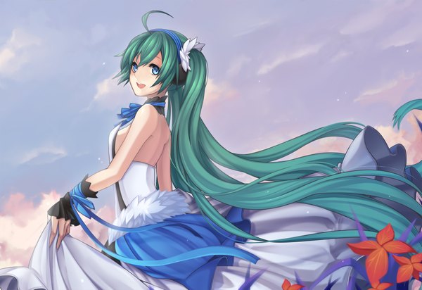 Anime picture 1920x1321 with 7th dragon 7th dragon 2020 vocaloid hatsune miku kaka cheung single long hair looking at viewer highres open mouth twintails bare shoulders sky cloud (clouds) very long hair aqua eyes green hair girl dress flower (flowers)