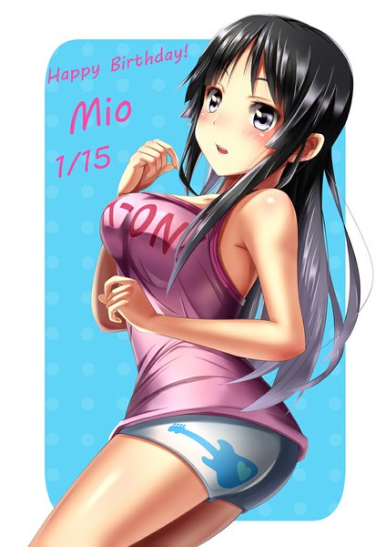 Anime picture 724x1024 with k-on! kyoto animation akiyama mio fukuma single long hair tall image blush breasts open mouth light erotic black hair bare shoulders silver eyes happy birthday girl shorts