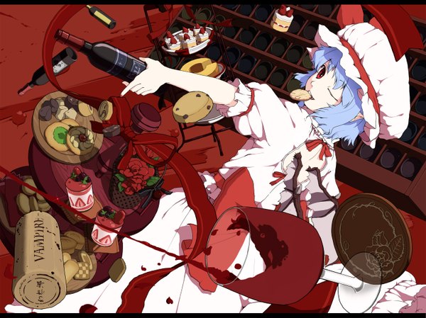 Anime picture 1400x1049 with touhou remilia scarlet short hair red eyes blue hair one eye closed wink girl dress wings food sweets bonnet bottle cake wine glass cookie (cookies) wine