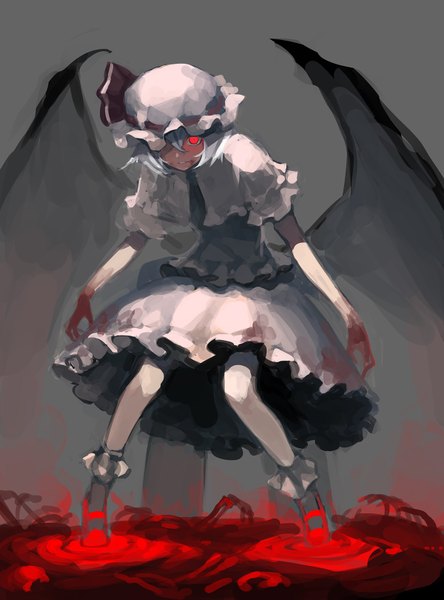 Anime picture 1200x1620 with touhou remilia scarlet azuki (azuki-taste) single tall image looking at viewer fringe short hair simple background smile red eyes standing silver hair bent knee (knees) hair over one eye grey background wide sleeves short sleeves bat wings vampire
