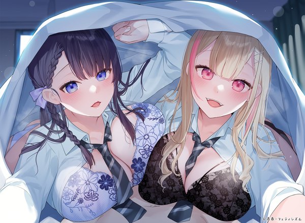 Anime picture 2500x1832 with original bekotarou long hair looking at viewer blush fringe highres breasts open mouth blue eyes light erotic black hair blonde hair smile large breasts multiple girls indoors lying braid (braids) long sleeves
