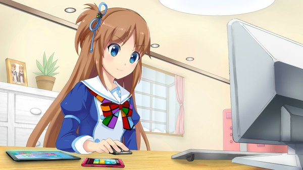 Anime picture 1920x1080 with os-tan microsoft madobe ai single long hair highres brown hair wide image multicolored eyes girl dress ribbon (ribbons) hair ribbon window table phone monitor computer computer mouse