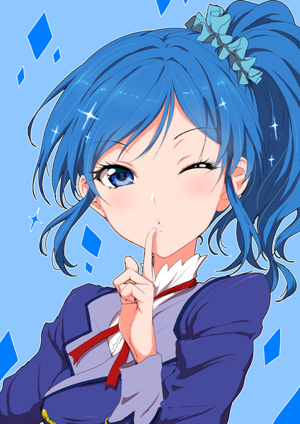Anime picture 1488x2105 with aikatsu! kiriya aoi clearite single long hair tall image looking at viewer blush fringe blue eyes blue hair one eye closed wink side ponytail finger to mouth blue background shiny girl ribbon (ribbons) scrunchie