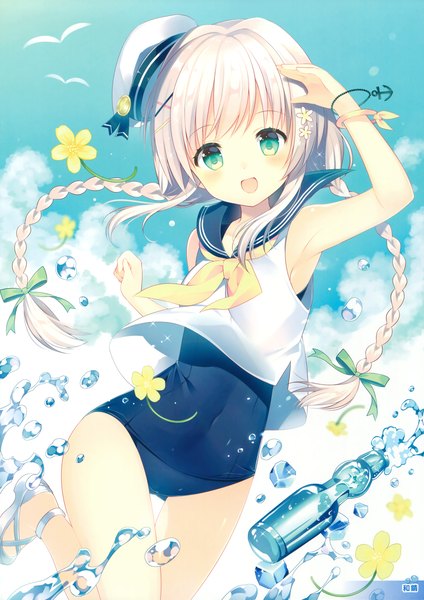 Anime picture 2330x3300 with original wasabi (sekai) single long hair tall image looking at viewer blush highres open mouth blue eyes light erotic white hair braid (braids) scan girl bow swimsuit hair bow hat one-piece swimsuit