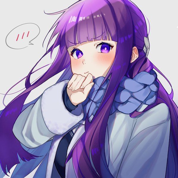 Anime picture 2048x2048 with sousou no frieren fern (sousou no frieren) anon qwat single long hair blush fringe highres simple background purple eyes purple hair upper body blunt bangs grey background embarrassed girl scarf speech bubble