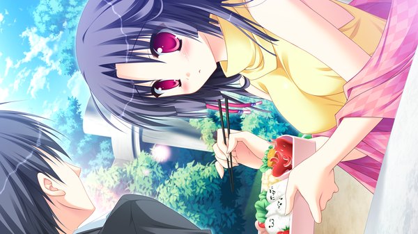 Anime picture 1280x720 with diamic days lump of sugar shinoyama tokiha sesena yau long hair blush black hair red eyes wide image game cg girl food obento