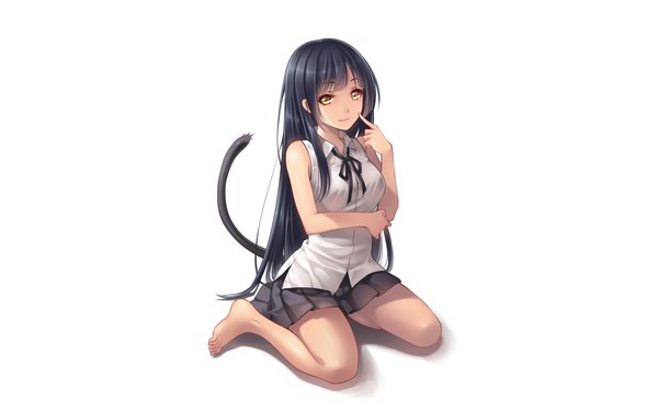 Anime-Bild 1920x1200 mit original tidsean single long hair looking at viewer highres black hair simple background smile white background sitting yellow eyes full body tail animal tail pleated skirt barefoot cat tail wallpaper legs