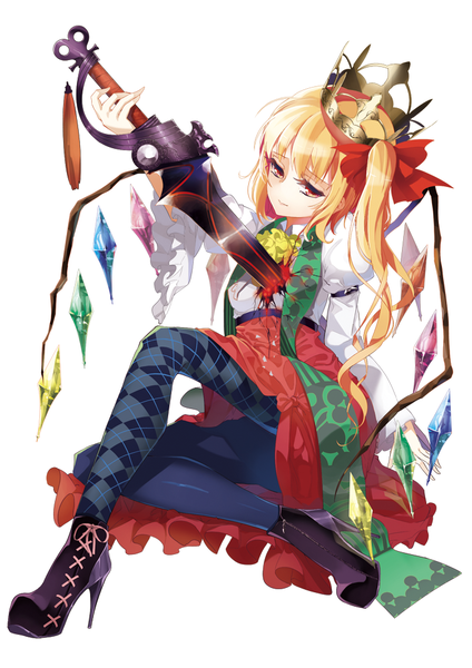 Anime picture 707x1000 with touhou flandre scarlet tsurukame single long hair tall image short hair simple background blonde hair smile red eyes white background sitting high heels alternate costume one side up rhombus girl bow weapon