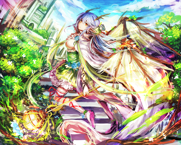Anime picture 1236x989 with original rudia single long hair blue hair looking away sky cloud (clouds) horn (horns) orange eyes girl thighhighs dress hair ornament flower (flowers) white thighhighs wings staff