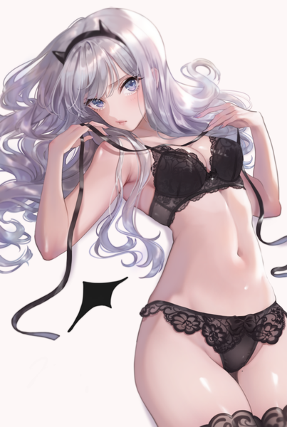 Anime picture 1051x1563 with original magako single long hair tall image looking at viewer blush fringe breasts blue eyes light erotic simple background hair between eyes holding cleavage silver hair lying nail polish fingernails lips