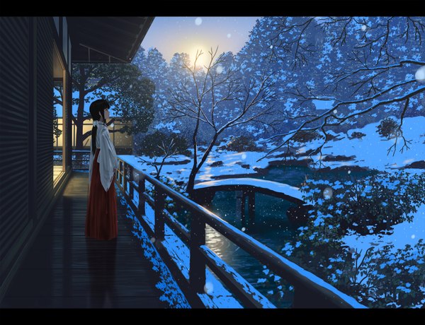 Anime picture 1500x1150 with original doora (dora0913) single long hair black hair looking away traditional clothes profile black eyes letterboxed winter snow miko river girl plant (plants) tree (trees)