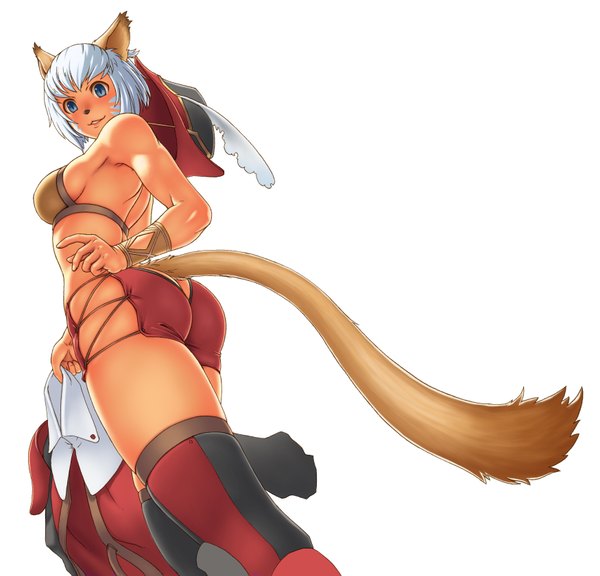 Anime picture 3500x3361 with final fantasy final fantasy xi square enix mithra red mage gochou (kedama) single highres short hair blue eyes light erotic smile white background animal ears absurdres ass white hair animal tail cat ears cat girl