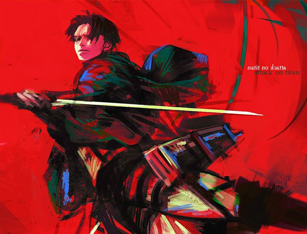 Anime picture 1065x814 with shingeki no kyojin production i.g levi (rivaille) tsuyomaru single looking at viewer fringe short hair black hair hair over one eye inscription red background boy weapon sword thigh boots