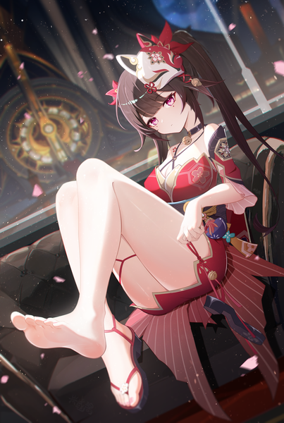 Anime picture 1800x2678 with honkai: star rail honkai (series) sparkle (honkai: star rail) zhuchengbi single long hair tall image looking at viewer fringe highres breasts light erotic smile brown hair sitting twintails bare shoulders payot bent knee (knees) blunt bangs