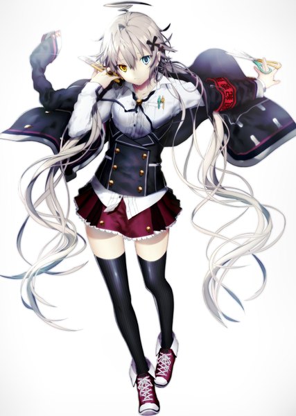 Anime picture 1422x2000 with original shirotaka (5choume) single long hair tall image white background twintails silver hair open clothes open jacket zettai ryouiki heterochromia girl thighhighs skirt uniform black thighhighs school uniform miniskirt sneakers