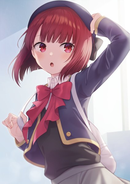 Anime picture 2894x4093 with oshi no ko arima kana yuusa single tall image fringe highres short hair open mouth red eyes looking away upper body red hair blunt bangs :o adjusting hat girl uniform school uniform hat