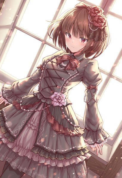 Anime picture 800x1169 with original hirokazu (analysis-depth) single long hair tall image looking at viewer blush fringe red eyes brown hair standing indoors blunt bangs long sleeves hair flower dutch angle puffy sleeves frilled dress lolita fashion serious