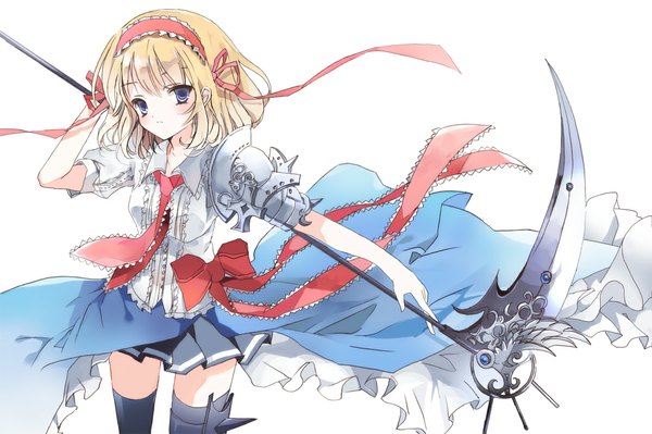 Anime picture 1162x773 with touhou alice margatroid cierra (ra-bit) single looking at viewer fringe short hair breasts simple background blonde hair white background pleated skirt zettai ryouiki girl skirt bow ribbon (ribbons) weapon hair ribbon miniskirt