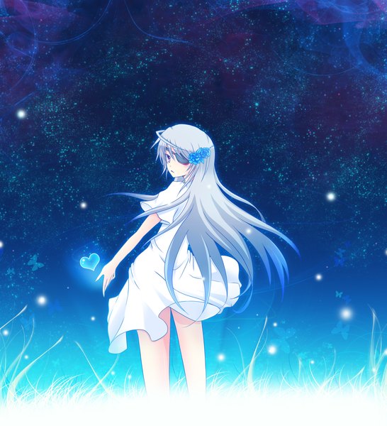 Anime picture 2480x2724 with infinite stratos 8bit laura bodewig mokoppe single long hair tall image looking at viewer highres red eyes silver hair ahoge looking back hair flower wind night sky girl dress hair ornament plant (plants)