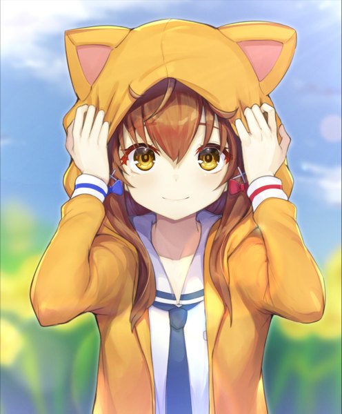 Anime picture 1065x1287 with hachigatsu no cinderella nine ukita akane minutachi single long hair tall image looking at viewer fringe smile hair between eyes brown hair standing yellow eyes sky cloud (clouds) outdoors open clothes animal hood girl hair ornament