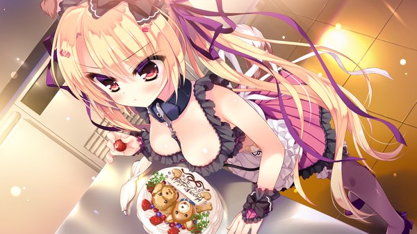 Anime picture 2048x1152 with wan nyan a la mode! inukai shinono single long hair blush highres breasts light erotic blonde hair red eyes wide image twintails game cg girl thighhighs dress bow ribbon (ribbons) hair bow hair ribbon