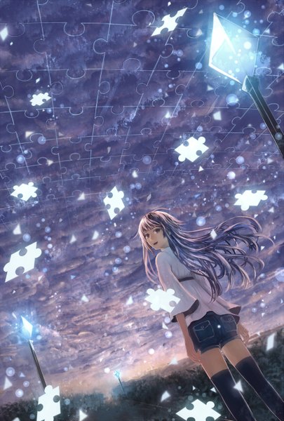 Anime picture 945x1400 with original bounin single long hair tall image looking at viewer fringe open mouth sky purple hair cloud (clouds) looking back wind black eyes glowing girl thighhighs black thighhighs shorts lantern