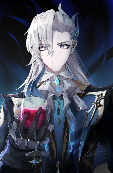 Anime picture 2248x3426 with genshin impact neuvillette (genshin impact) korusakku single long hair tall image looking at viewer fringe highres signed silver hair upper body hair over one eye silver eyes expressionless boy gloves black gloves alcohol wine glass