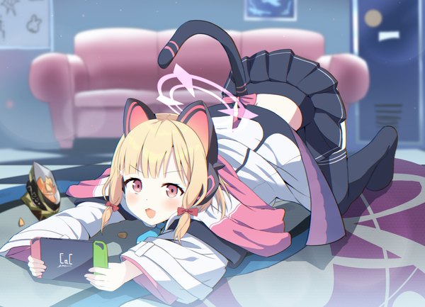 Anime picture 1812x1308 with blue archive nintendo momoi (blue archive) cac itinose single blush highres short hair open mouth blonde hair looking away indoors tail :d animal tail pleated skirt pink eyes cat tail tress ribbon top-down bottom-up