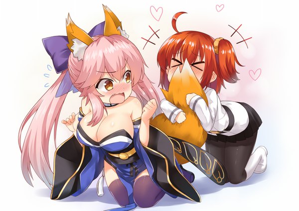 Anime picture 1753x1240 with fate (series) fate/grand order fate/extra tamamo (fate) (all) tamamo no mae (fate) fujimaru ritsuka (female) subaru (794829485) long hair blush fringe highres short hair breasts open mouth light erotic simple background hair between eyes brown hair large breasts white background