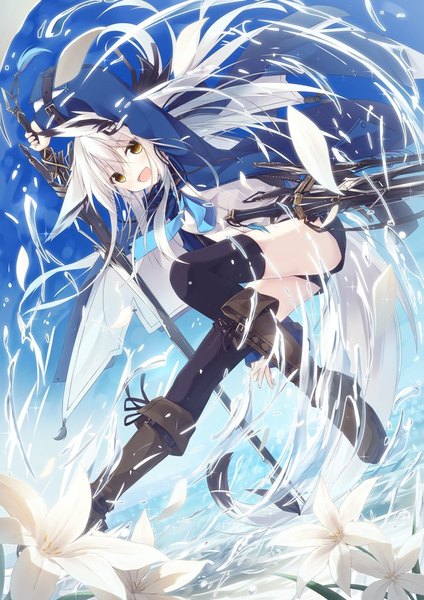 Anime picture 833x1178 with original nagishiro mito single long hair tall image looking at viewer blush fringe open mouth smile hair between eyes animal ears yellow eyes sky full body bent knee (knees) white hair tail long sleeves head tilt