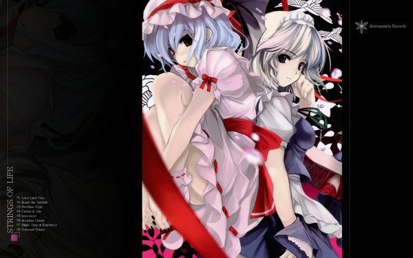 Anime picture 1920x1200 with touhou remilia scarlet izayoi sakuya cradle (artist) kuroya shinobu looking at viewer fringe highres short hair breasts red eyes wide image sitting purple eyes multiple girls blue hair bent knee (knees) white hair short sleeves girl