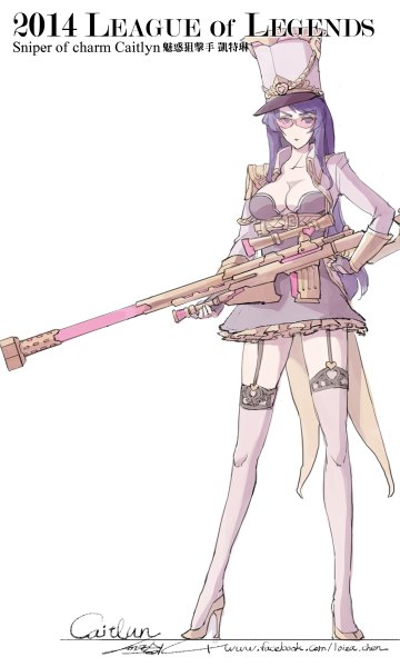 Anime picture 720x1200 with league of legends caitlyn (league of legends) loiza single long hair tall image looking at viewer fringe breasts light erotic simple background white background purple eyes purple hair high heels character names girl thighhighs dress weapon