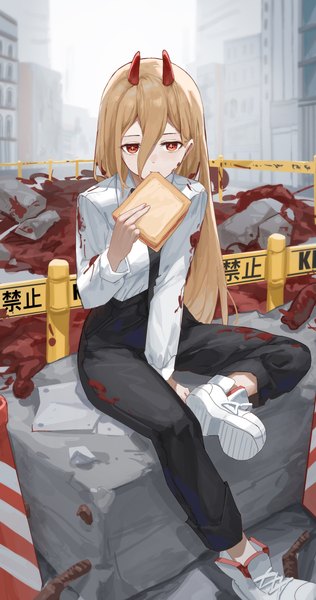 Anime-Bild 1909x3626 mit chainsaw man mappa power (chainsaw man) sentter single long hair tall image looking at viewer fringe highres blonde hair hair between eyes sitting holding bent knee (knees) outdoors long sleeves horn (horns) arm support orange eyes